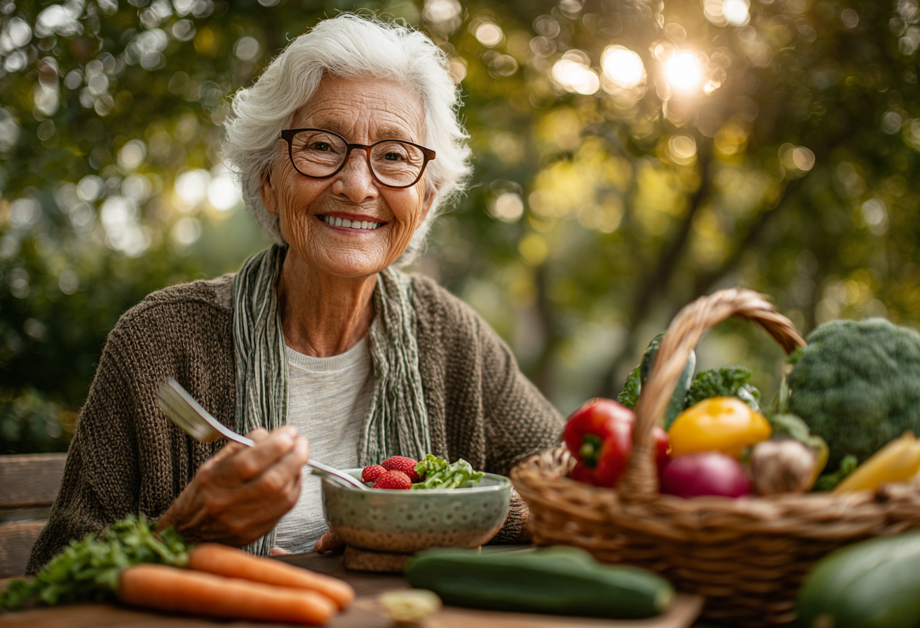 Щаслива літня жінка з корзиною свіжих овочів