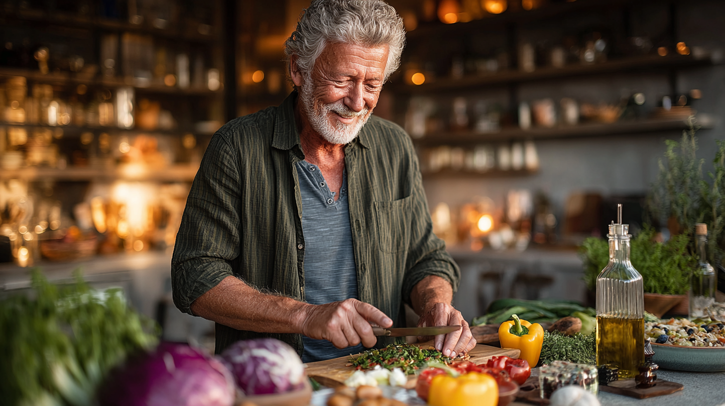 Усміхнений літній чоловік з планшетом та здоровою їжею